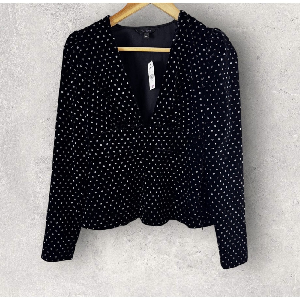 New Express Black Velvet Top With‎ Silver Shimmer Deep V Neckline XS Whimsigoth